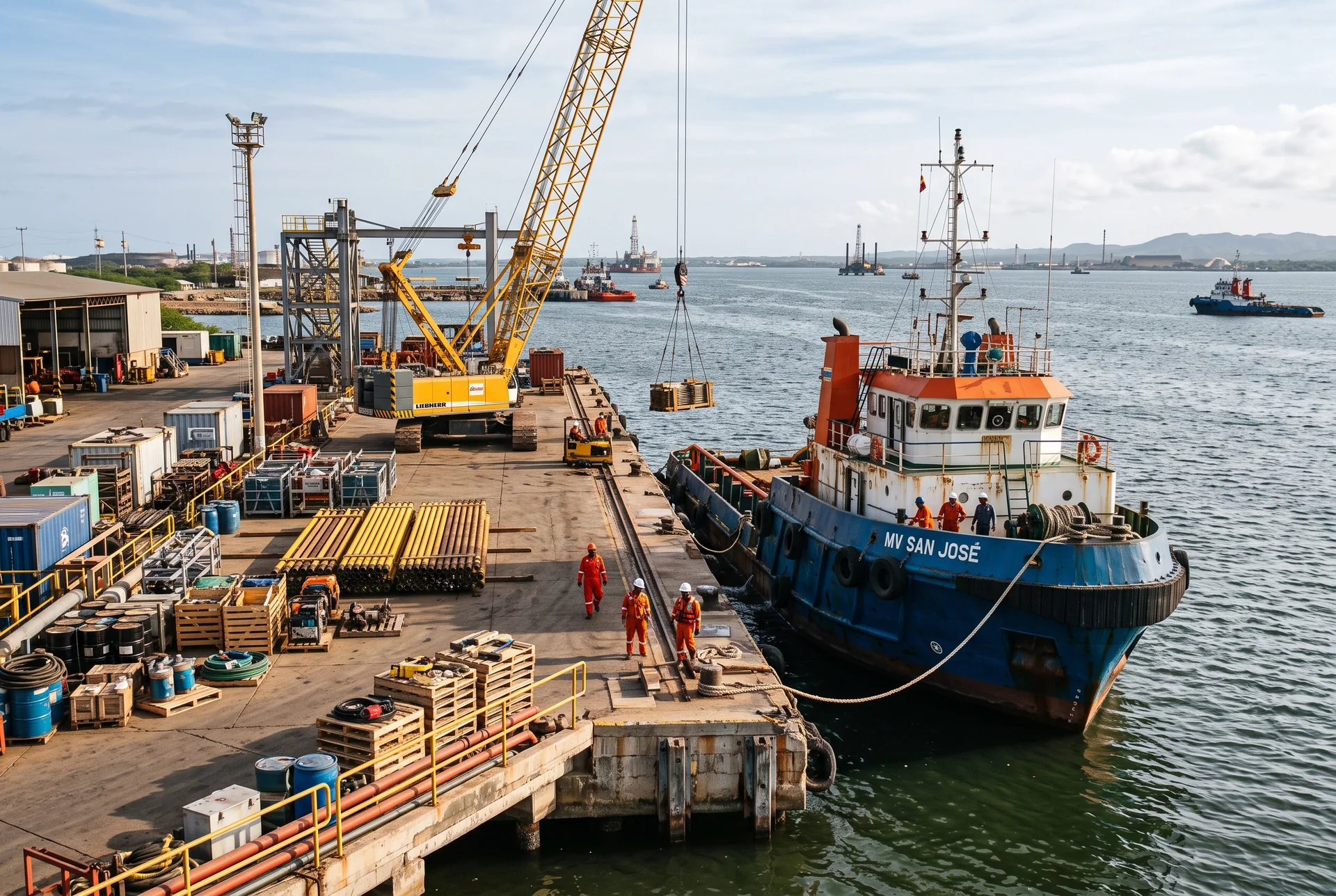 Muelle industrial con embarcación de apoyo y materiales operacionales